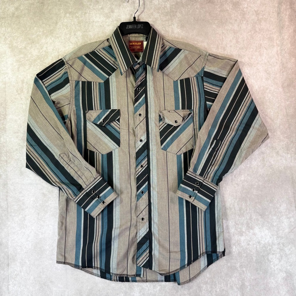 Rustler Vtg Western Shirt Mens 16.5 Blue Grey Black Striped Pearl Snap Long Tail
